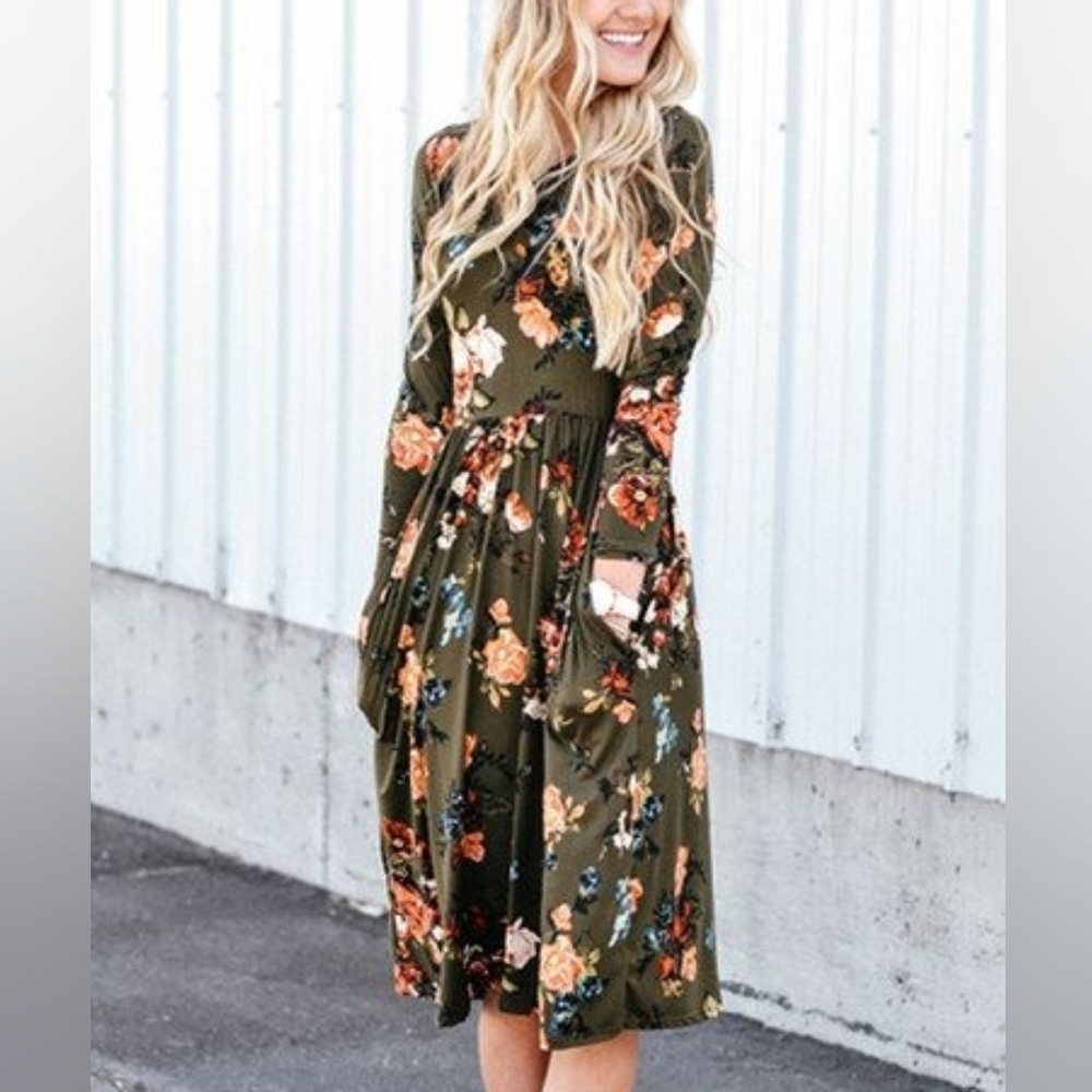 Olive Floral Long Sleeve Dress with POCKETS!!!
